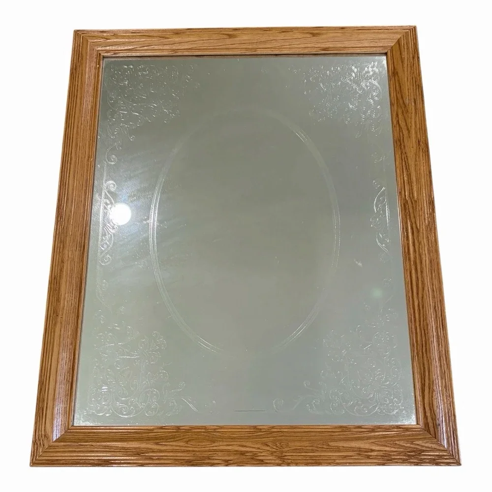 Vintage Etched Mirror Oak Frame Rectangle art wall Cottage granny core 23